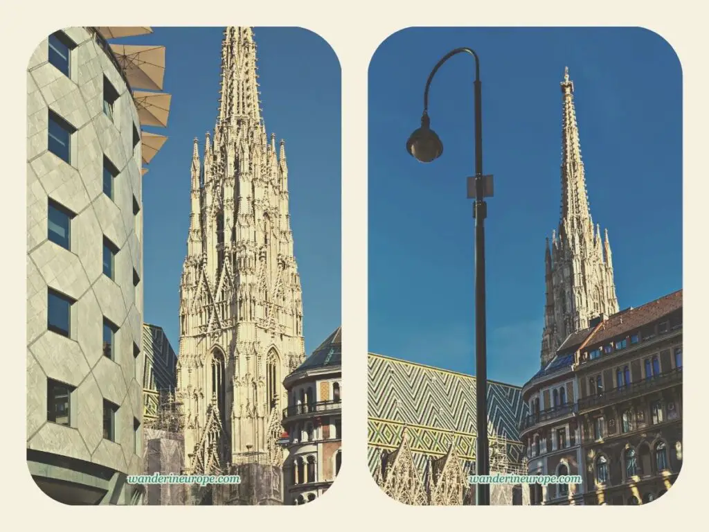The south tower of Saint Stephen’s Cathedrals from Stephansplatz, Vienna, Austria
