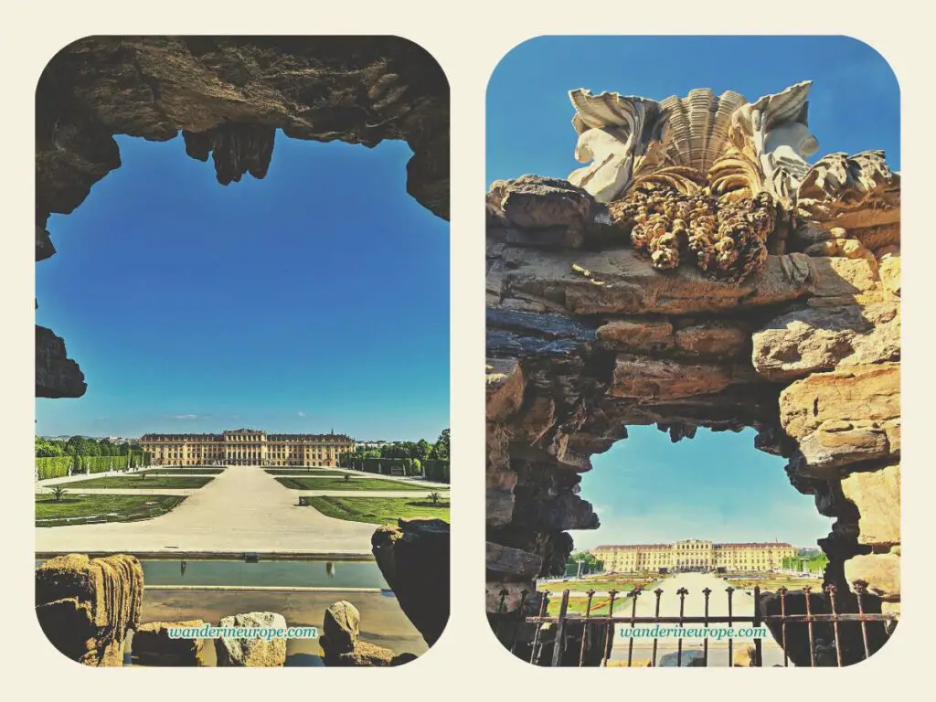 The view of the main palace of Schönbrunn from the arch of the Neptune Fountain, Vienna, Austria