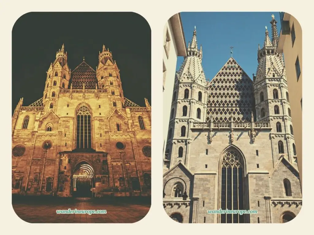 The west facade of Saint Stephen's Cathedral at day and at night, Vienna, Austria