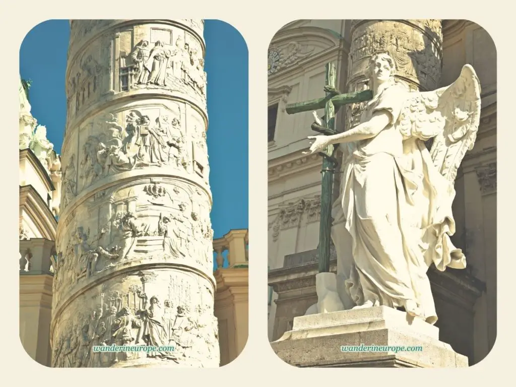 A closer look to a column of Karlskirche and to the angel statue below it, Vienna, Austria