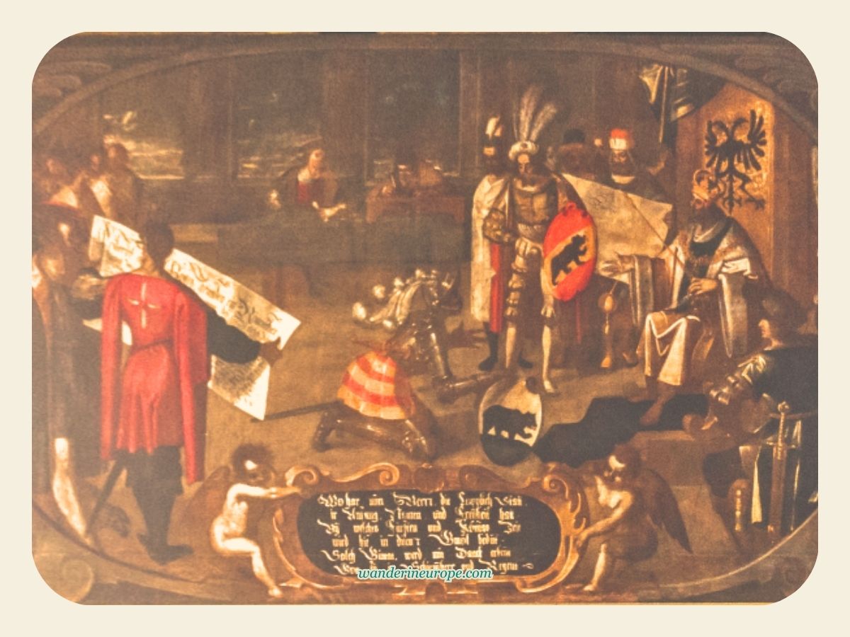 A painting of the kings of Bern placed under Zytglogge's arch in Bern, Switzerland