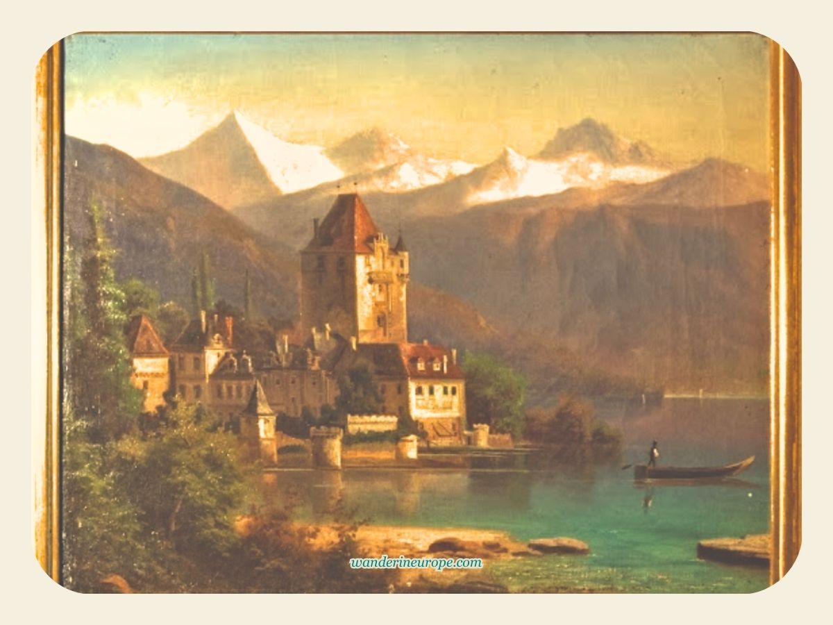 An old painting of Oberhofen Castle in Thun, Switzerland