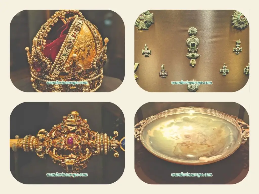 Austrian Imperial Crown, jewels from the Order of the Golden Fleece, Unicorn Horn Scepter, Agate Bowl (Allegedly Holy Grail) — Imperial Treasury in Hofburg, Vienna, Austria