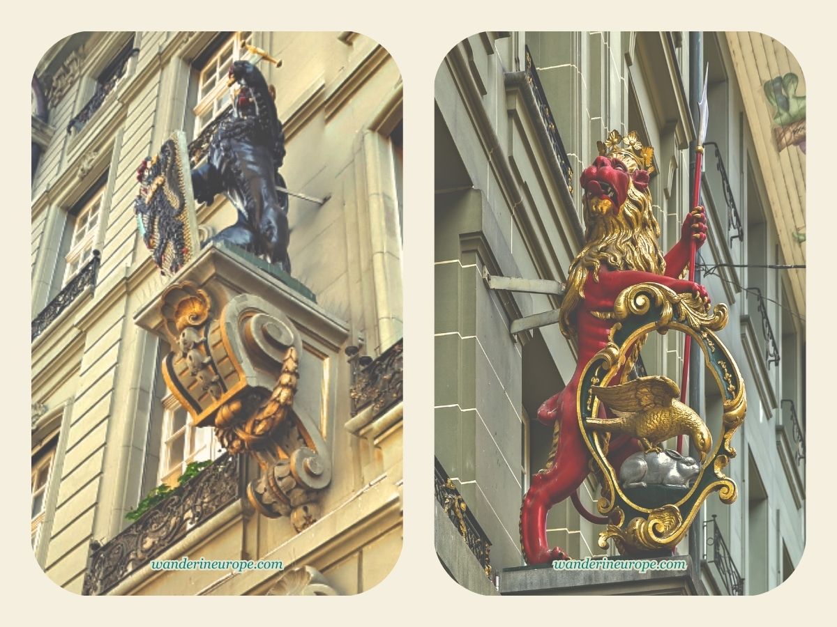 Beautiful statues attached to the houses in Marktgasse in Bern Switzerland
