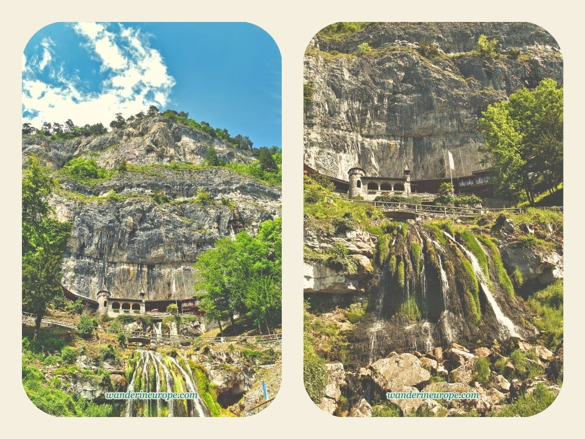 Bottom view of the waterfall outside Saint Beatus Caves in Lake Thun, Switzerland