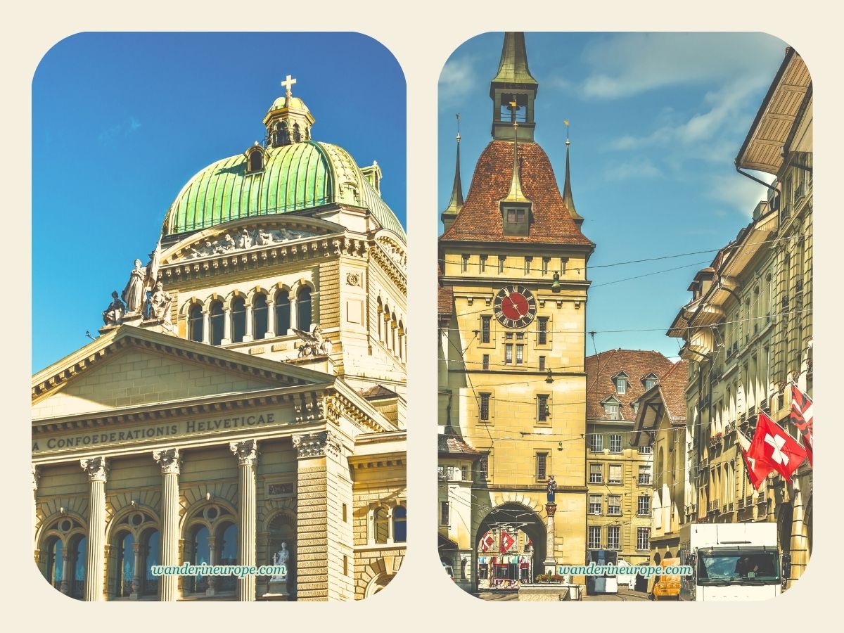 Bundeshaus (left) and Käfigturm (right), tourist attractions for 2-day trip to Bern, Switzerland