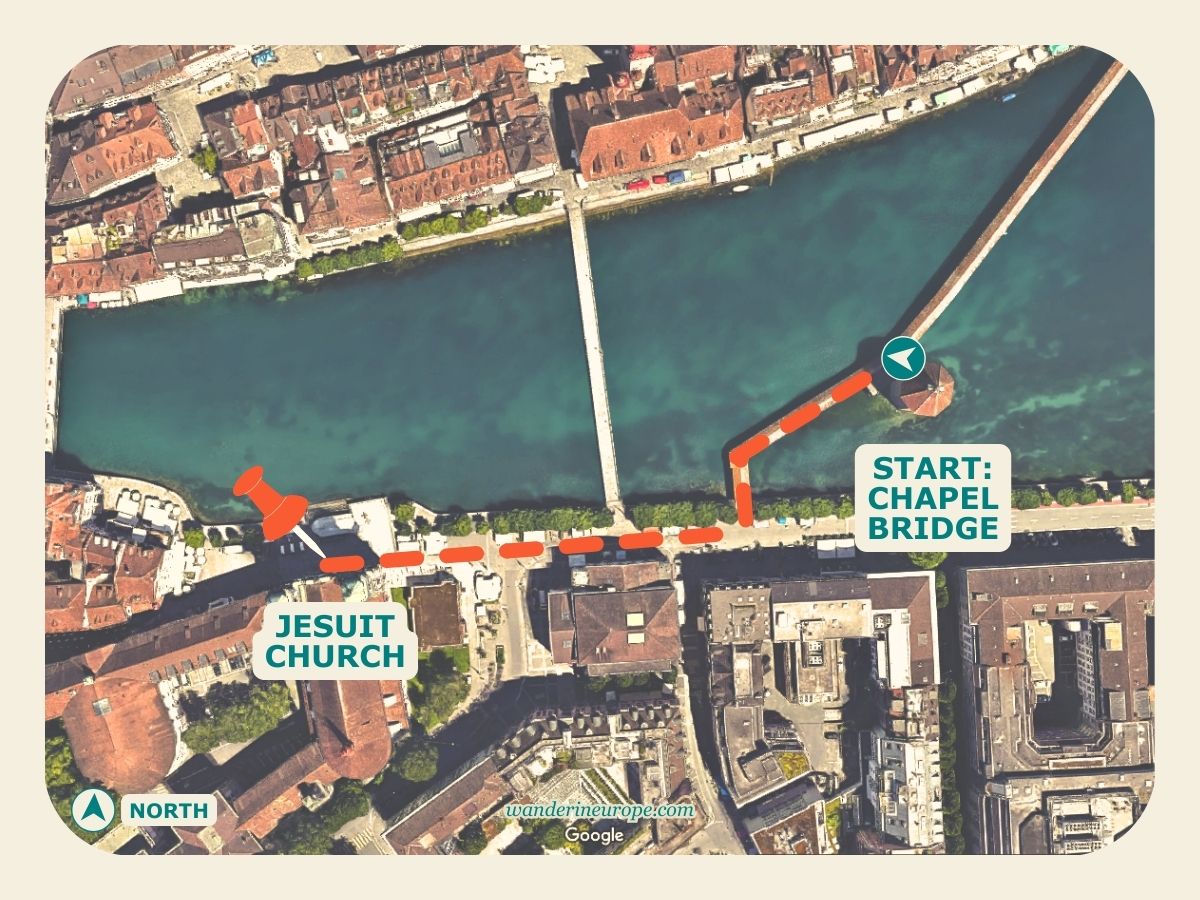 Chapel Bridge to Jesuit Church, map and route in Lucerne, Switzerland