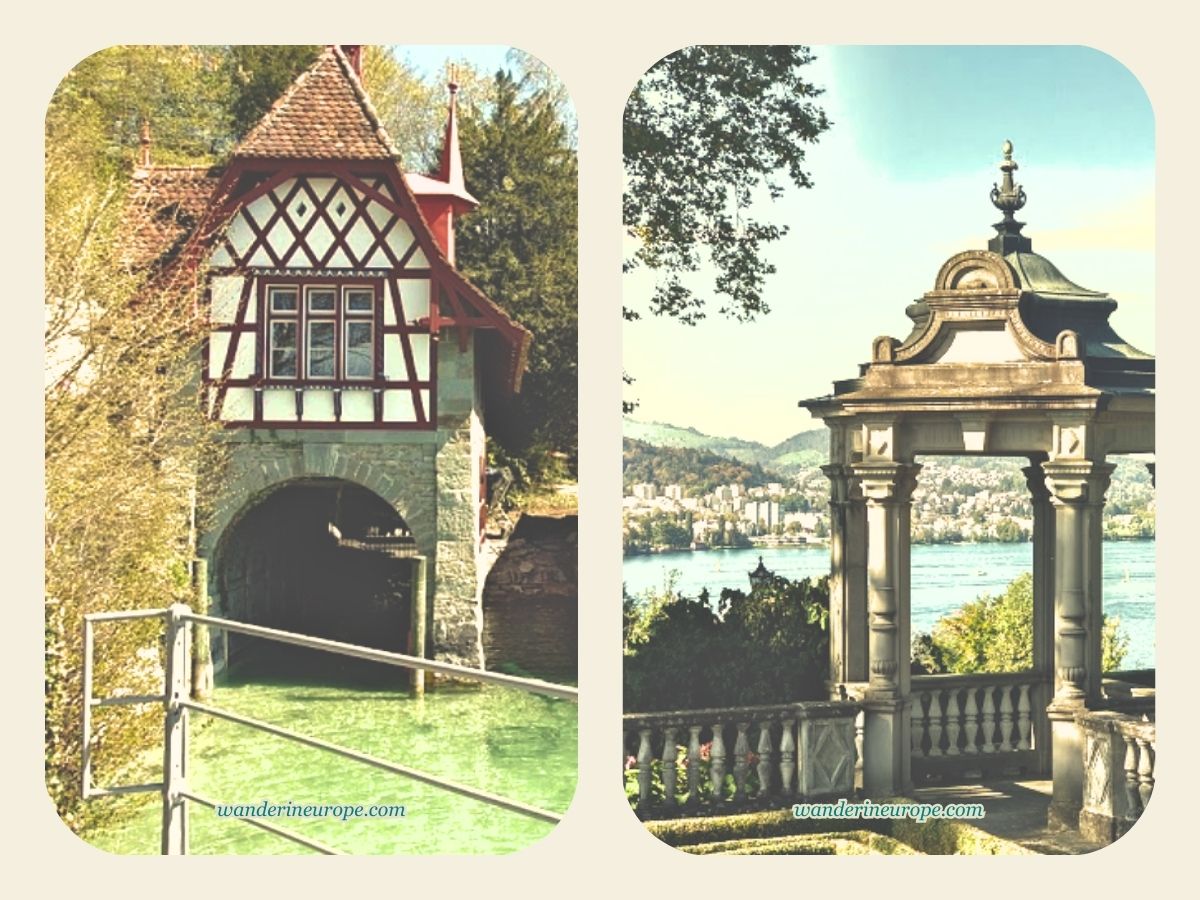 Chraming quay and gardens of Meggenhorn Castle in Lucerne, Switzerland