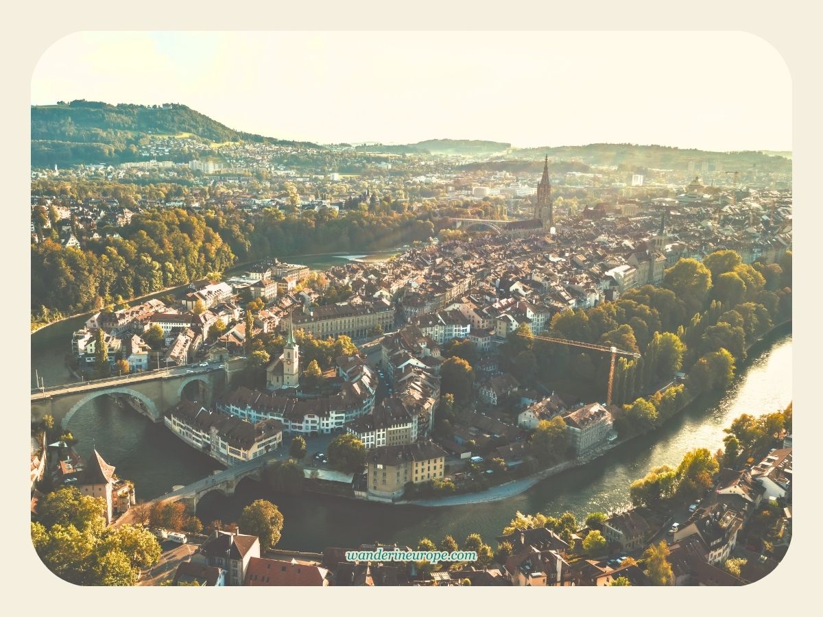 Drone shot of the old city of Bern, Switzerland
