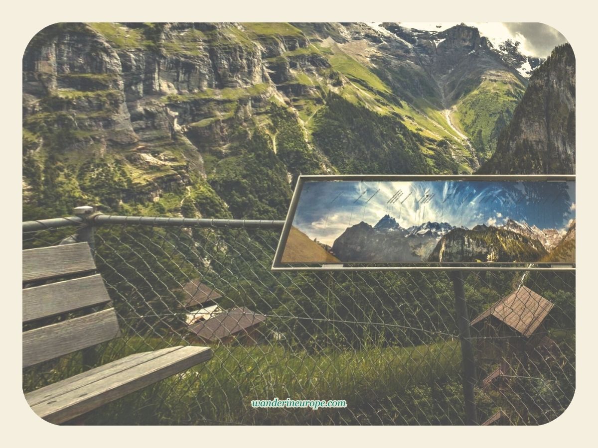 The information board about the peaks seen from Gimmelwald, Switzerland