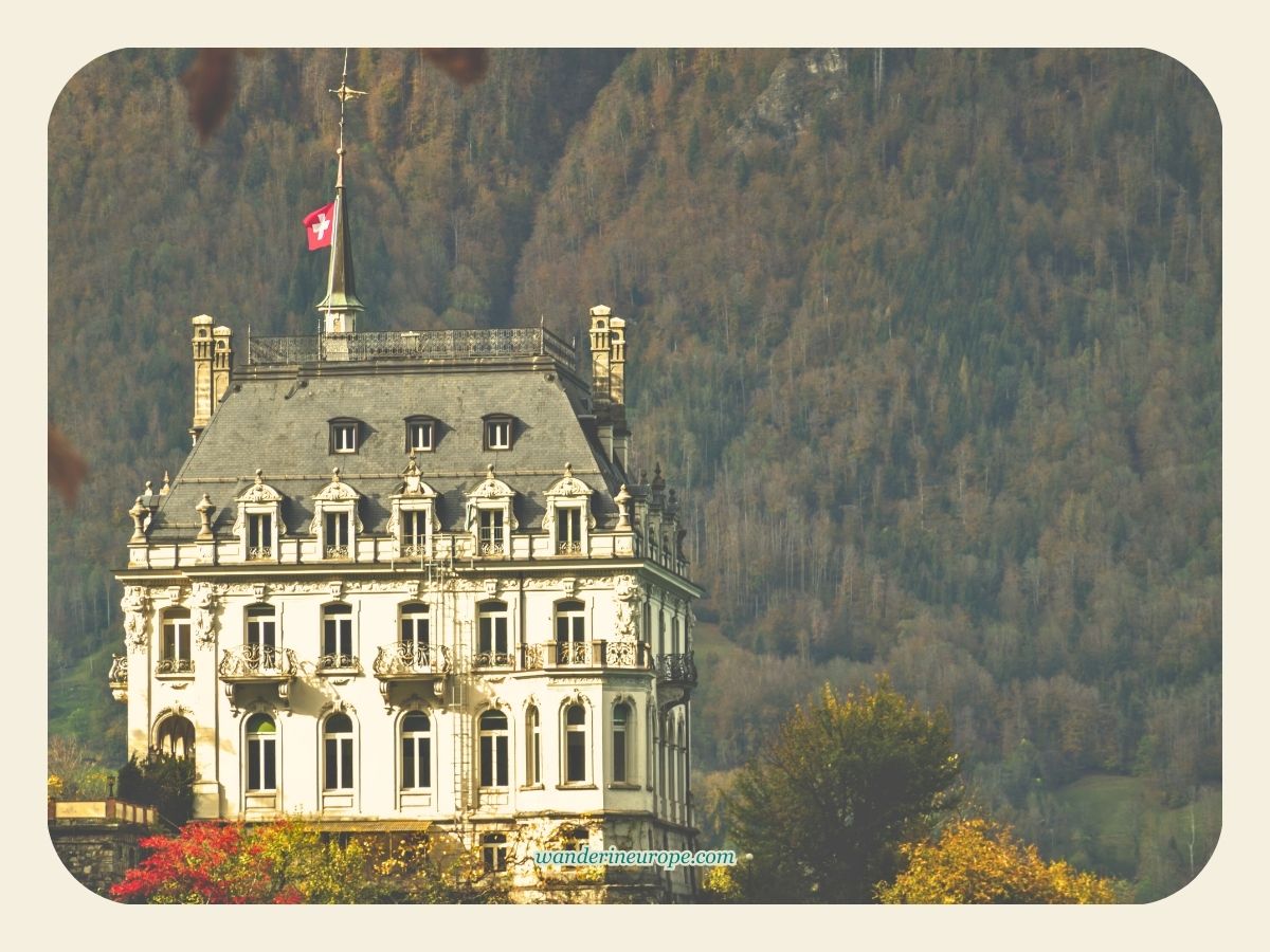Facade of Seeburg Castle in Iseltwald, Jungfrau Region, Switzerland