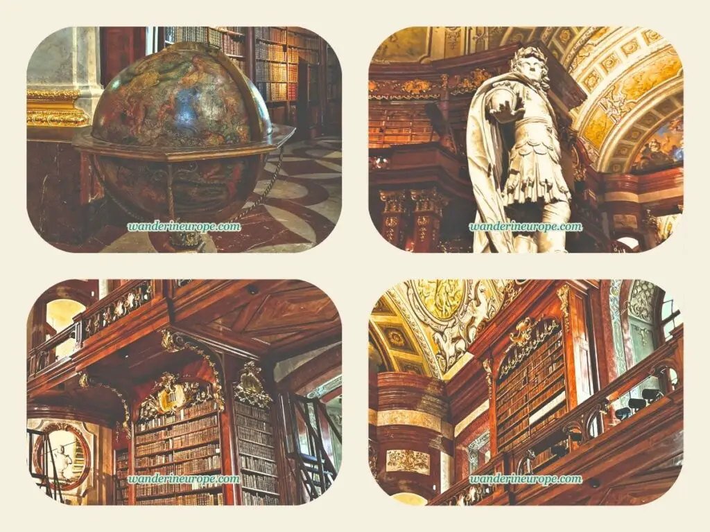Globe, statues, and more beautiful architectural features of Austrian National Library in Hofburg, Vienna, Austria