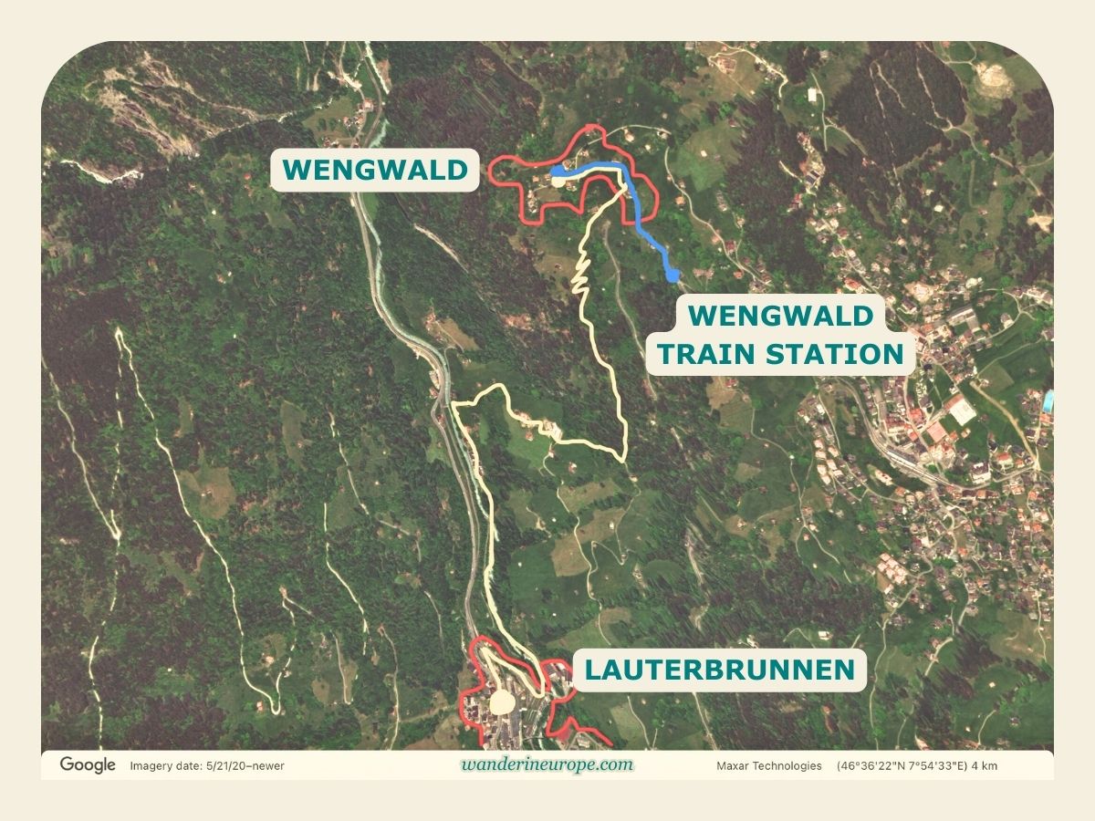 Hiking path from Lauterbrunnen to Wengwald (Yellow = Lauterbrunnen to Wengwald; Blue = Hike to Wengwald from Wengwald train station), Lauterbrunnen, Switzerland