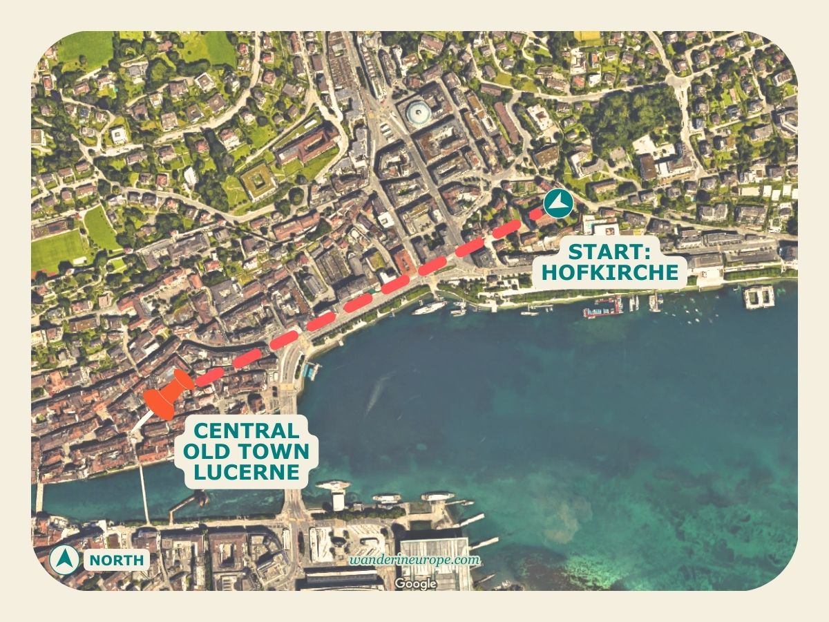 Hofkirche To Old Town, map and route in Lucerne, Switzerland