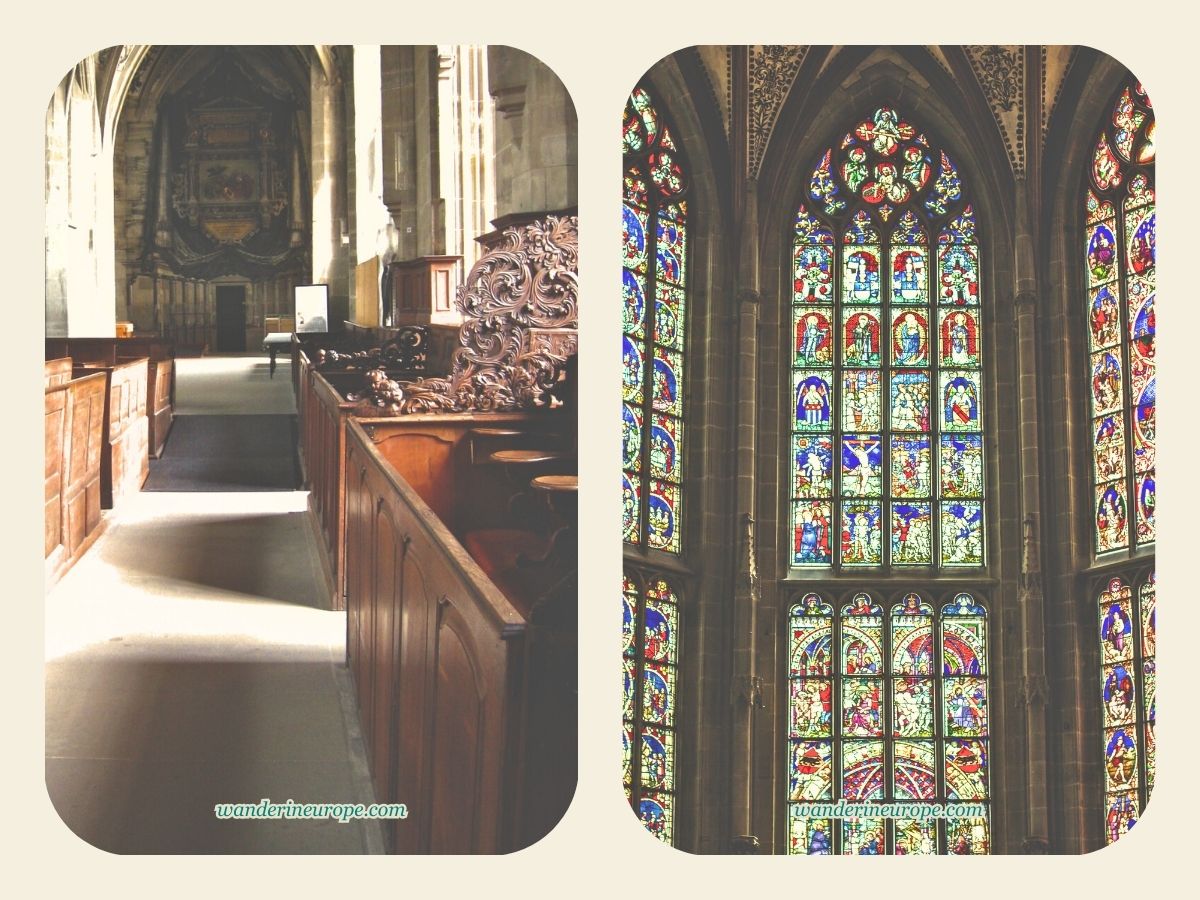 Intricate furniture and stained glasses window of Bern Cathedral in Bern, Switzerland