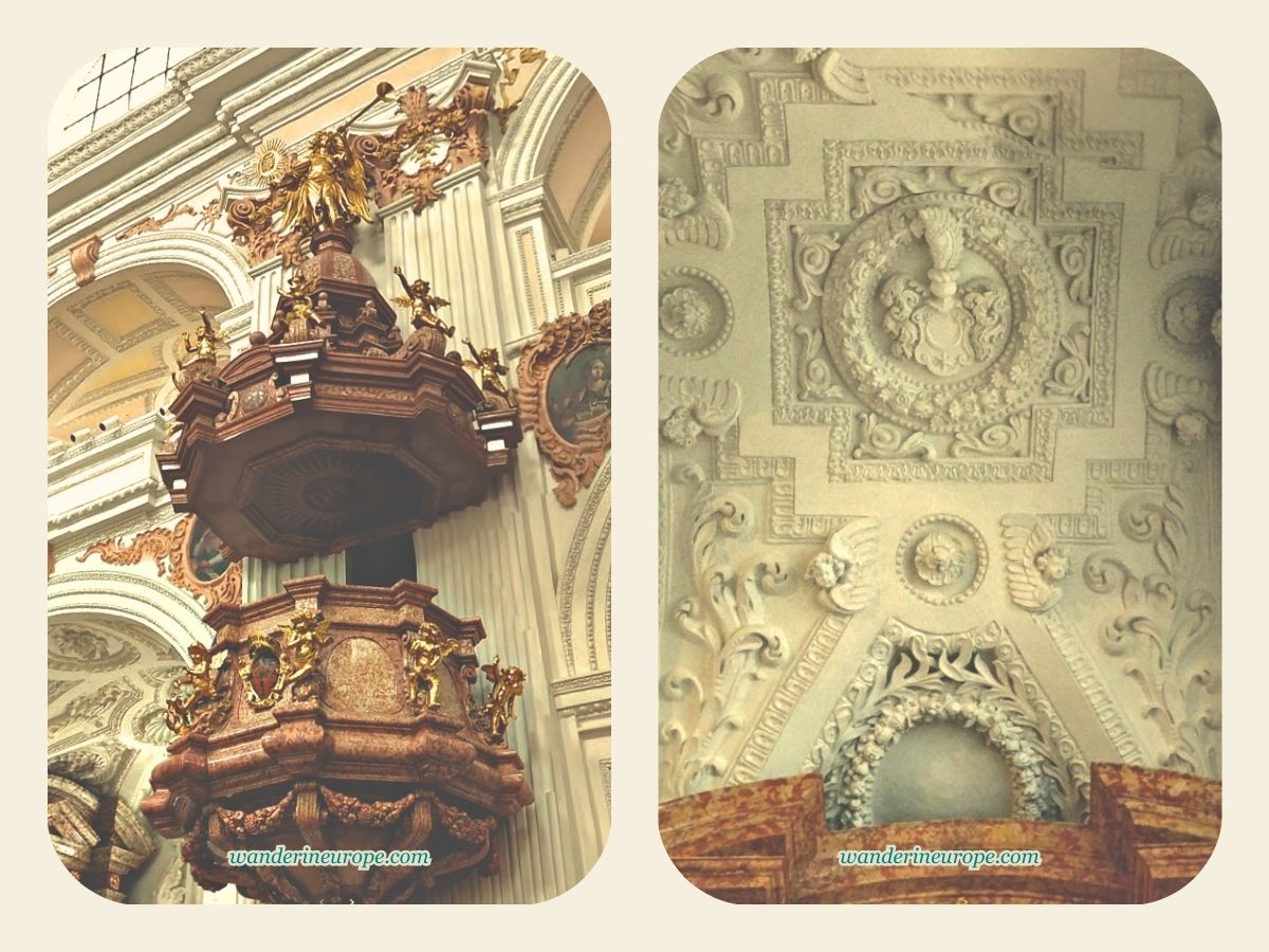 Intricate pulpit and chapel ceiling inside the Jesuit Church in Lucerne, Switzerland