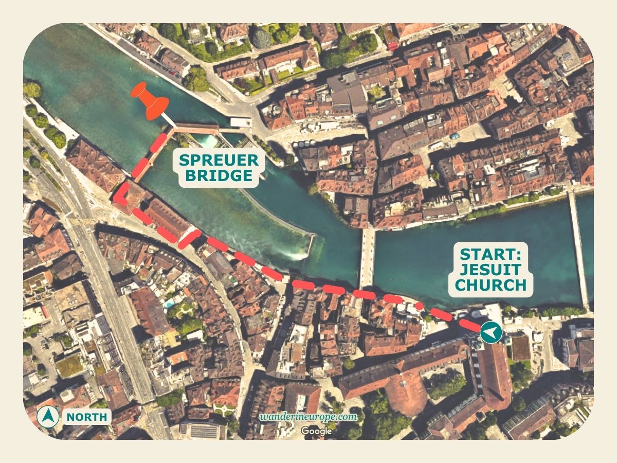Jesuit Church to Spreuer Bridge, map and route in Lucerne, Switzerland