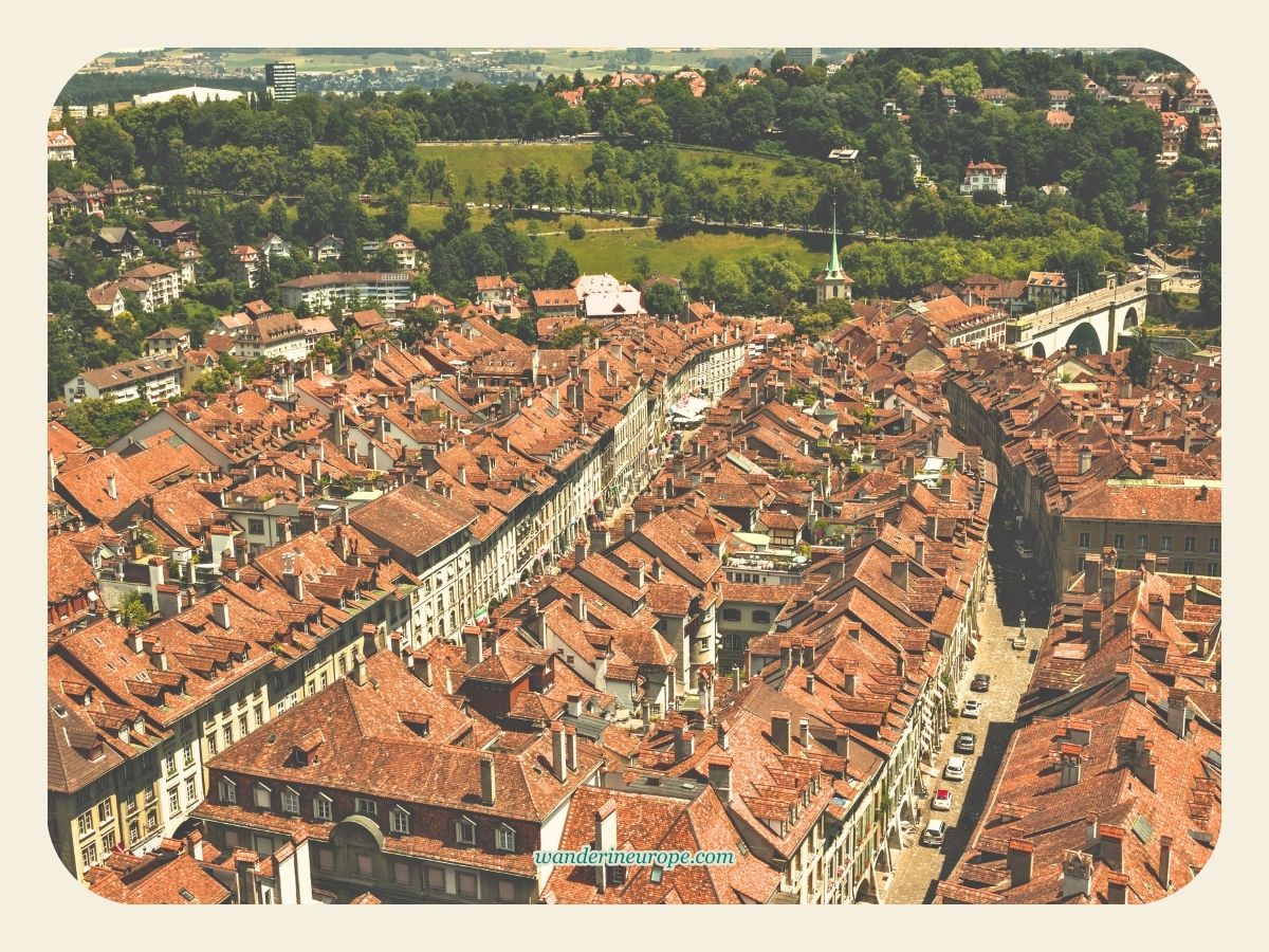 Kramgasse and Junkergasse from Bern Cathedral in Bern, Switzerland