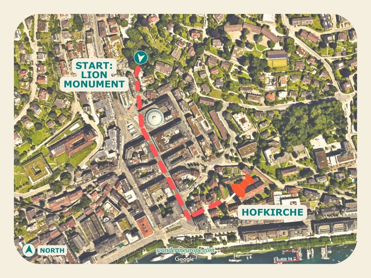Lion Monument To Hofkirche, map and route in Lucerne, Switzerland
