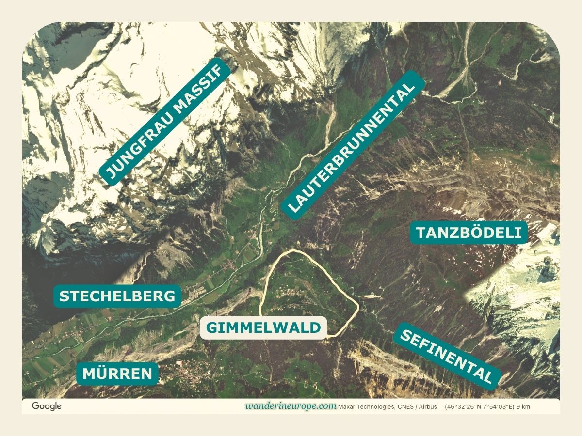 Location of Gimmelwald in Lauterbrunnen Valley Map, Switzerland