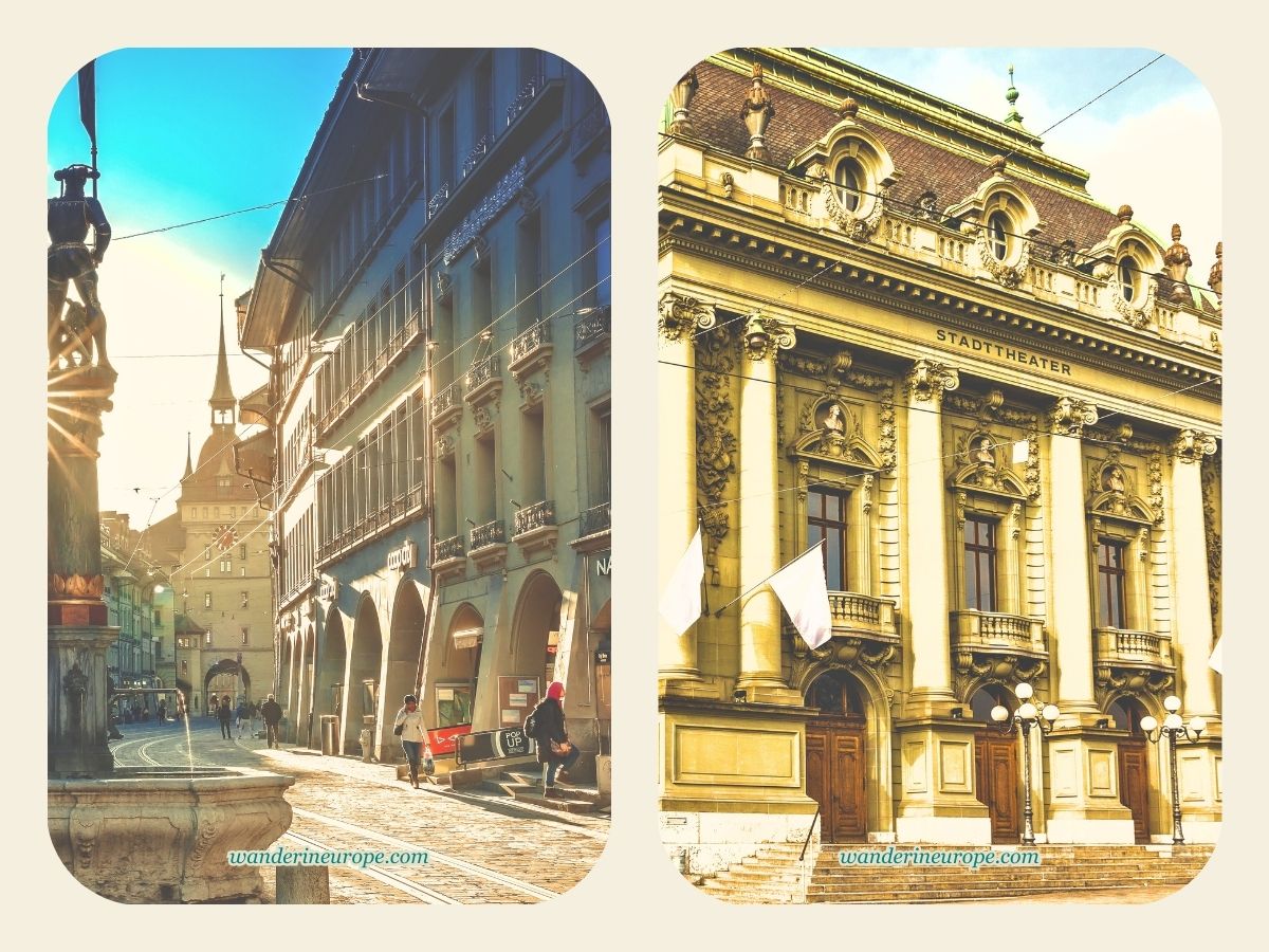 MArktgasse (left), Stadttheater in Kornhausplatz (right), tourist attractions for 2-day trip to Bern, Switzerland