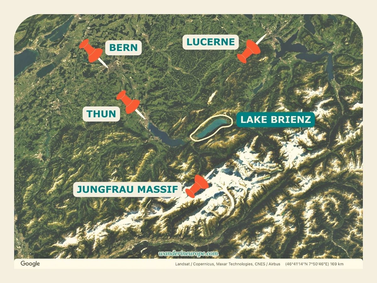 Map of Bernese Oberland and exact location of Lake Brienz, Jungfrau Region, Switzerland