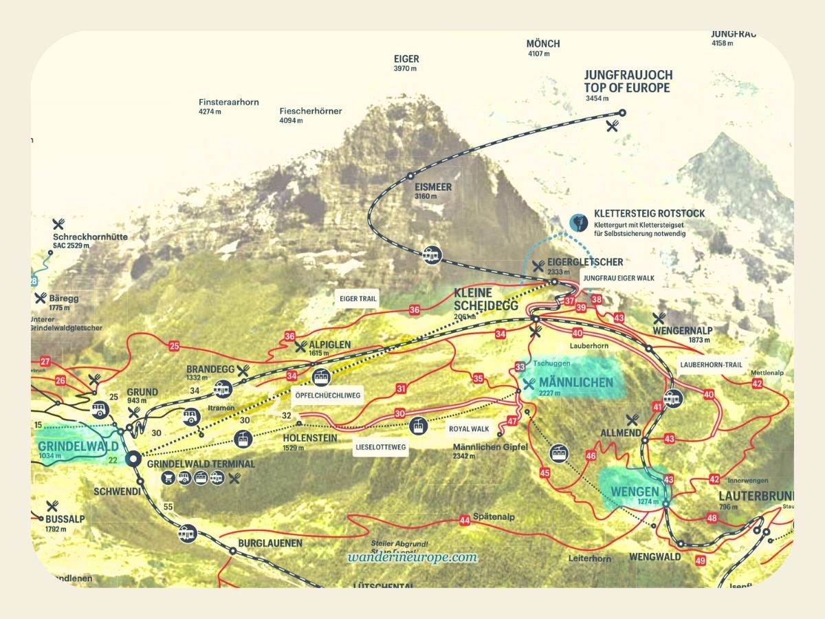 Map of Jungfrau Region centered in Männlichen, Grindelwald, and Wengen, Switzerland