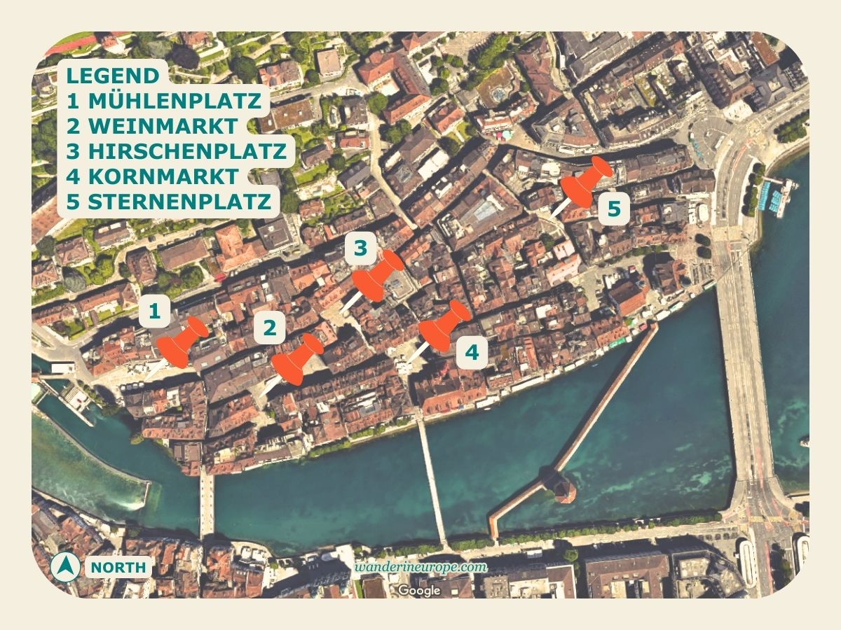 Map of Old Town Lucerne where the murals and fountains are located
