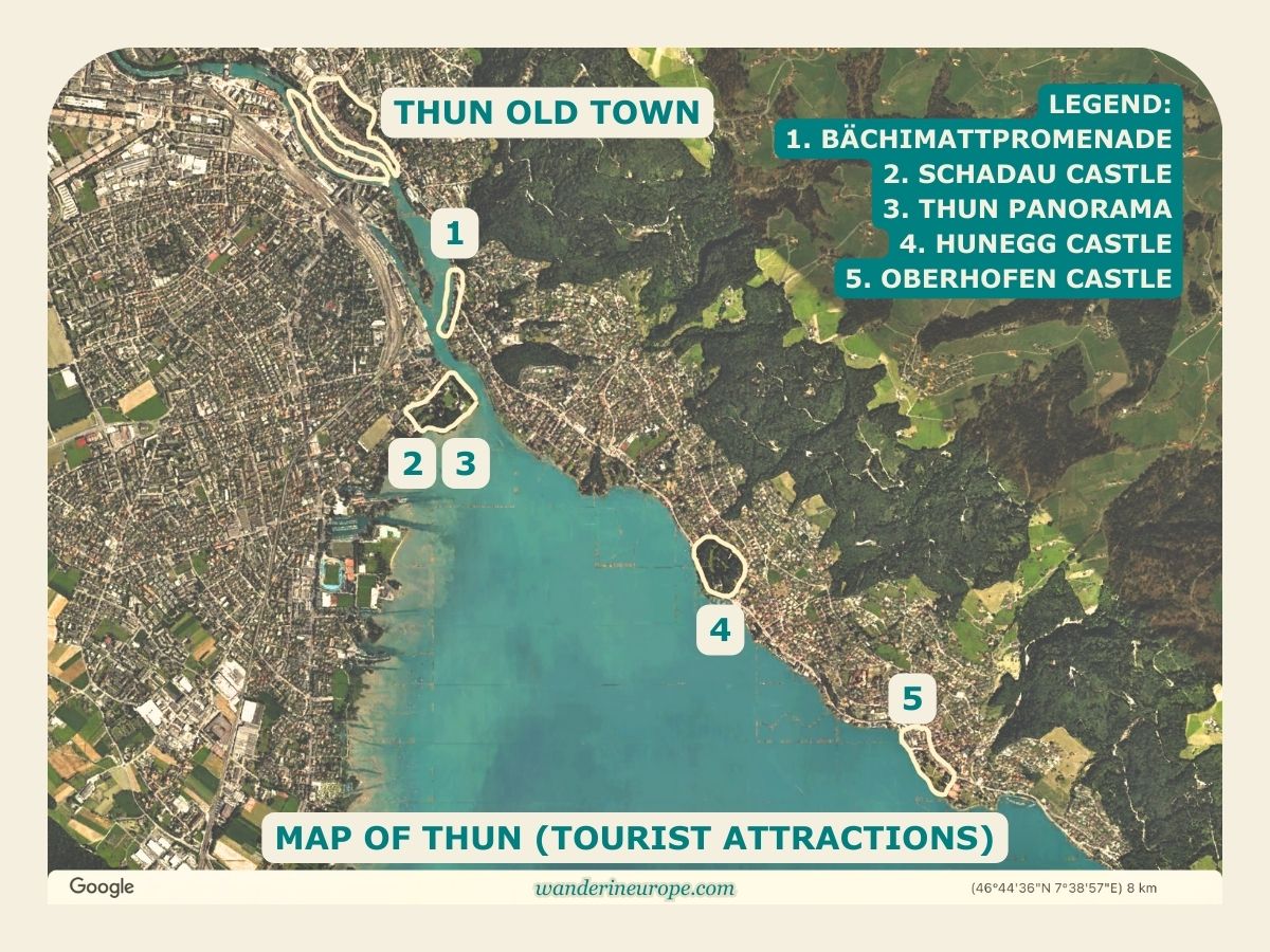 Map of Thun with Lake Thun attractions, Switzerland
