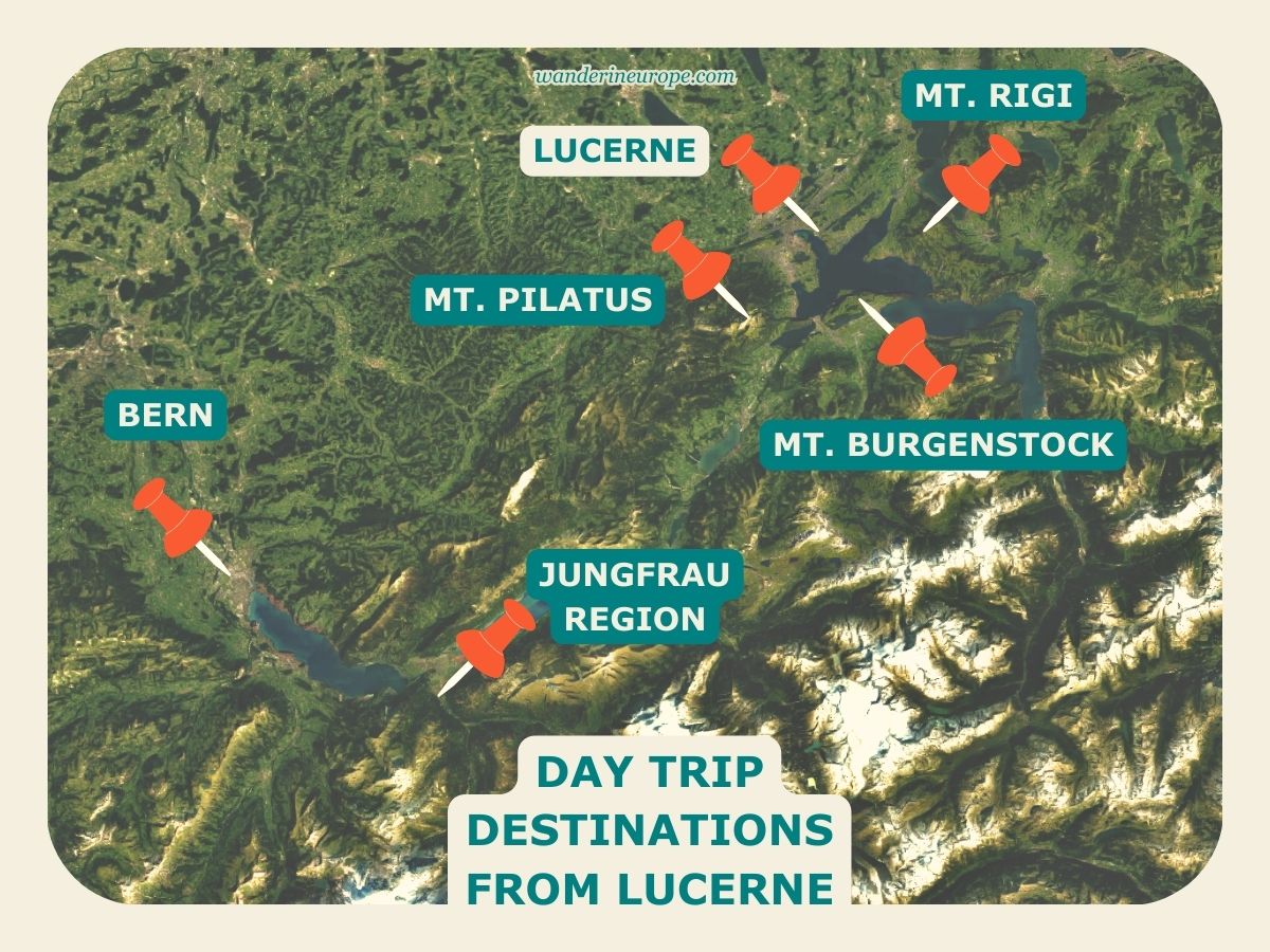 Map of day trip destinations from Lucerne, Switzerland