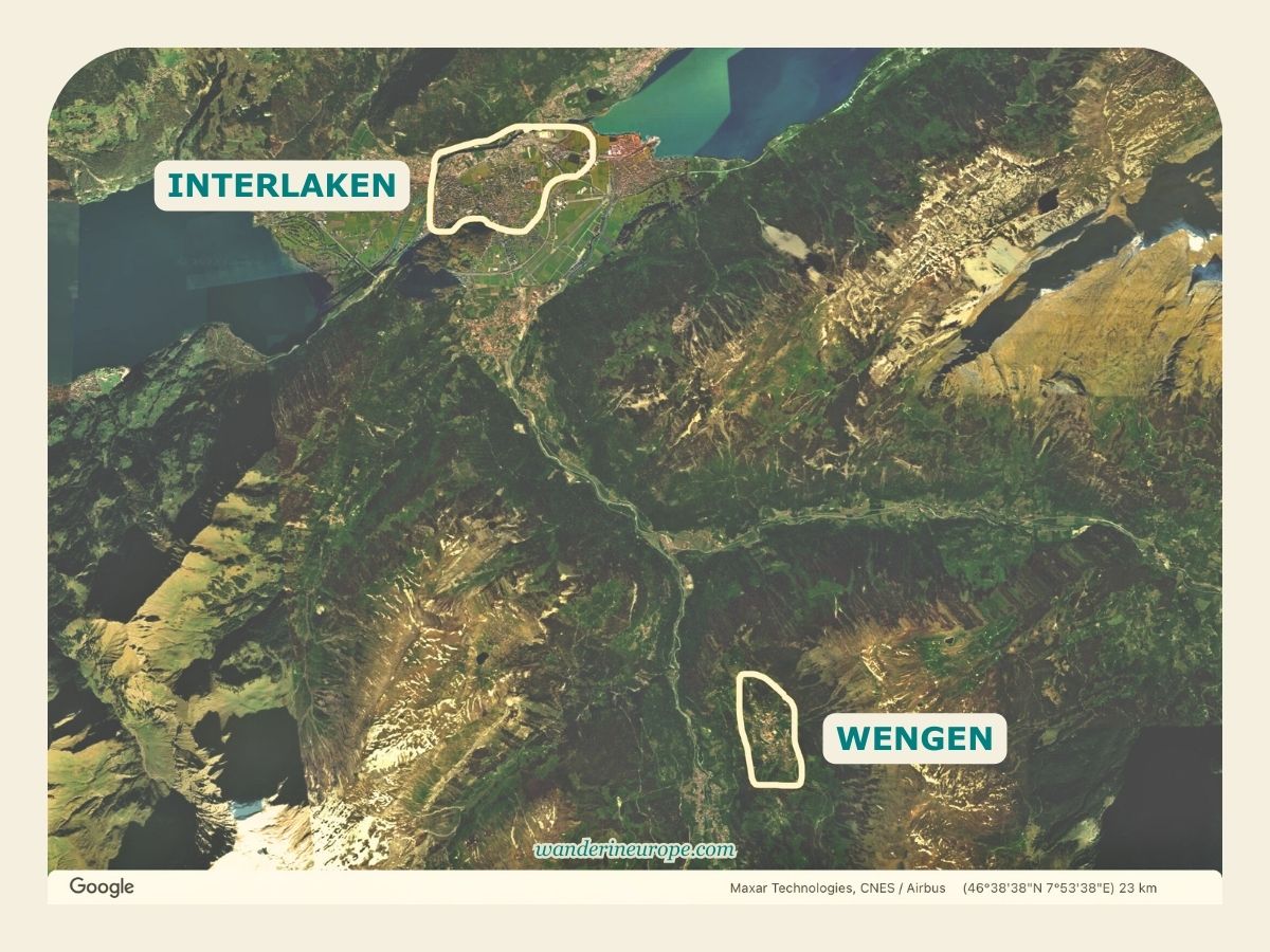 Map of the Jungfrau Region showing the location of Wengen and Interlaken, Switzerland