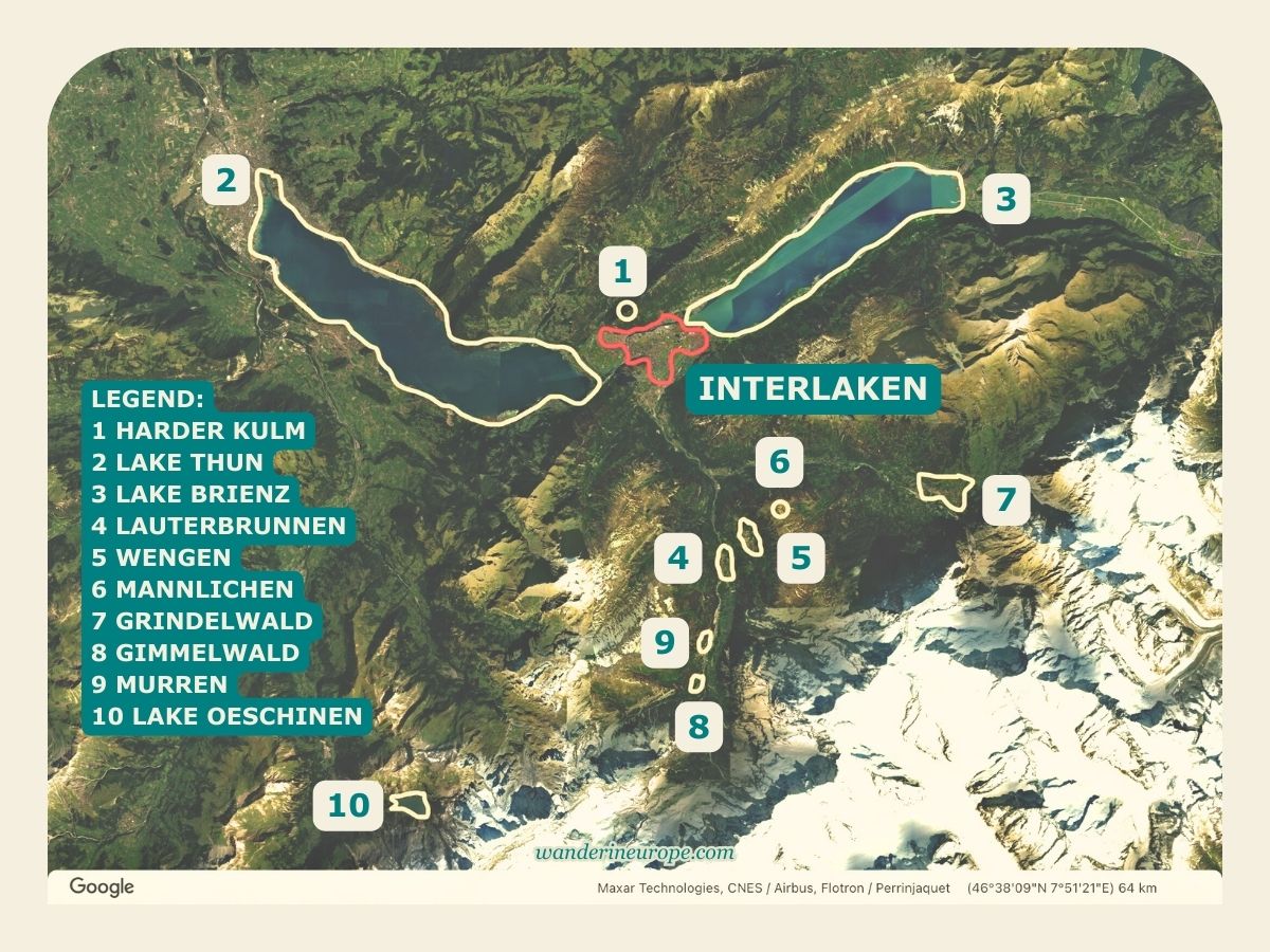 Map of the beautiful places in the Jungfrau Region around Interlaken, Switzerland