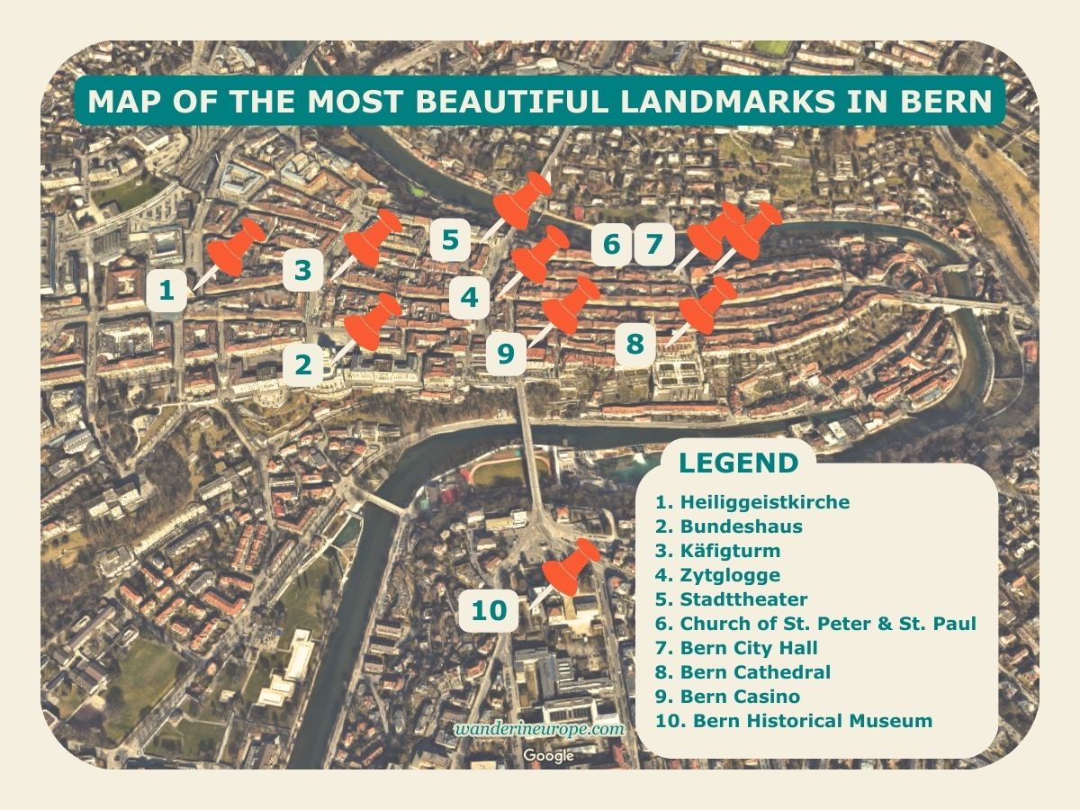 Map of the most beautiful landmarks in Bern