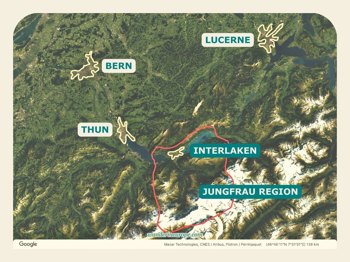 Map showing the exact location of Interlaken in the Jungfrau Region, Switzerland
