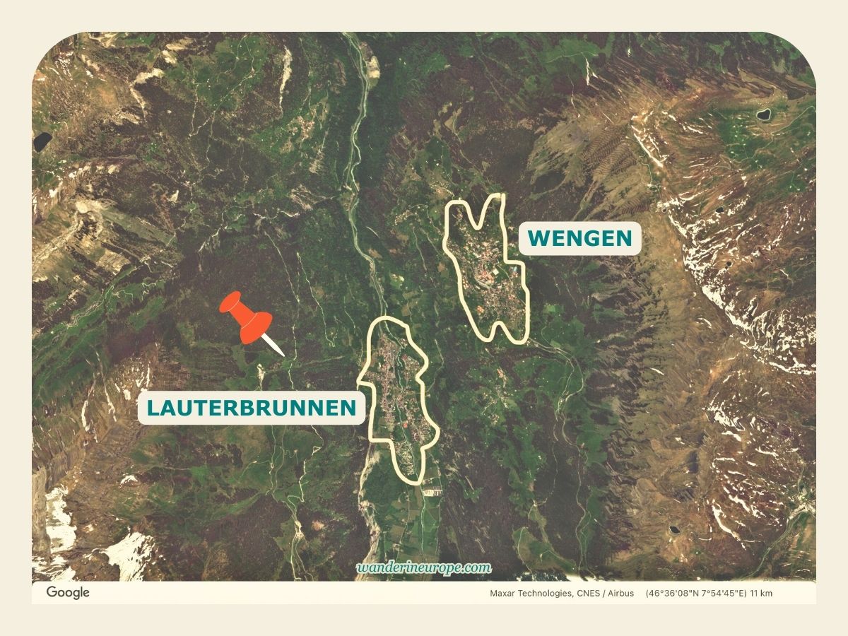 Map showing the location of Wengen and Lauterbrunnen in the Jungfrau Region, Switzerland