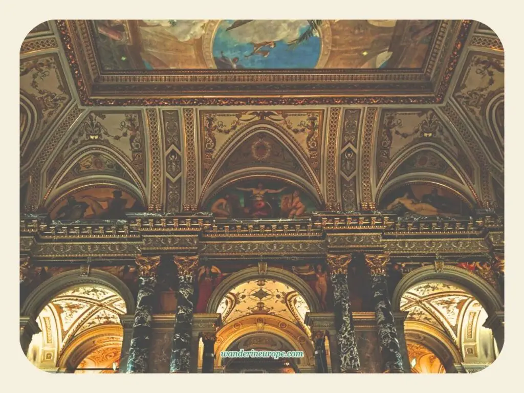 Notice the murals above the intricate beams near the staircase, Kunsthistorisches Museum, Vienna, Austria