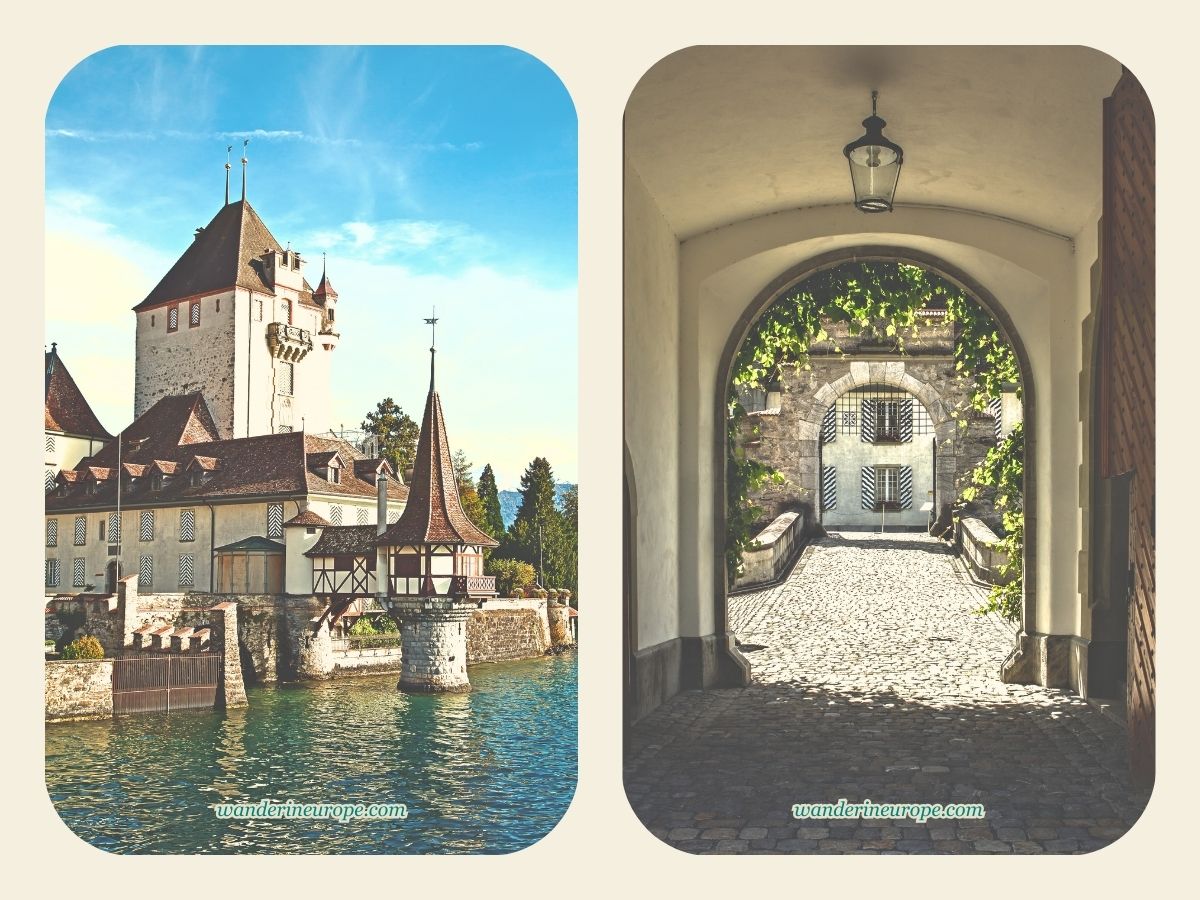 Oberhofen Castle in Lake Thun and its entrance in Thun, Switzerland