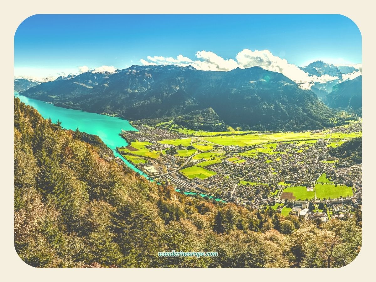 Overlooking view of Lake Brienz and Interlaken from Harder Kulm, Interlaken, Jungfrau Region, Switzerland