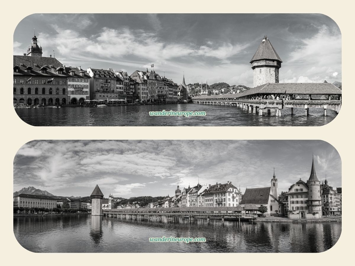 Panorama of Chapel Bridge from Rathaussteg (up) and Seebrücke (down) in Lucerne, Switzerland