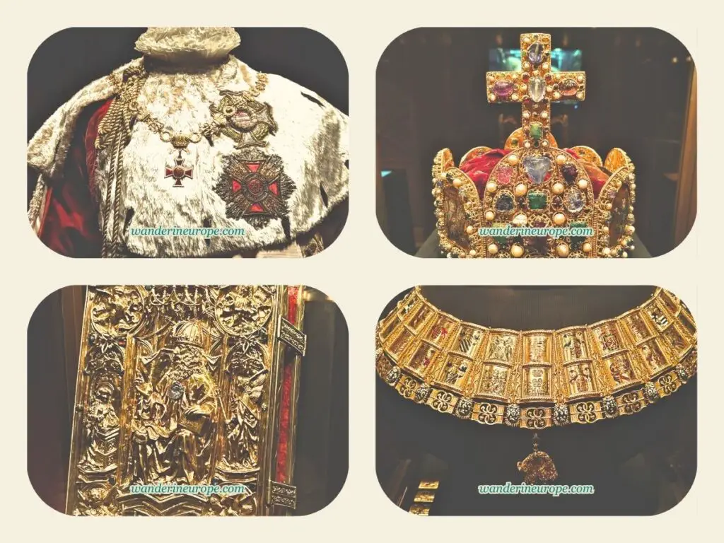 Precious robe of the emperor, another imperial crown, Charlemagne book, potence — more important treasures in the Imperial Treasury, Hofburg, Vienna, Austria