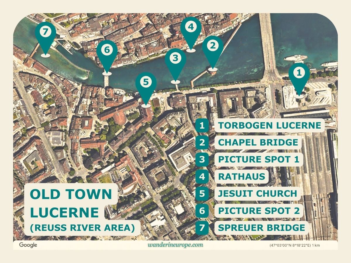 Reuss River Area - Map of Old Town Lucerne, Switzerland