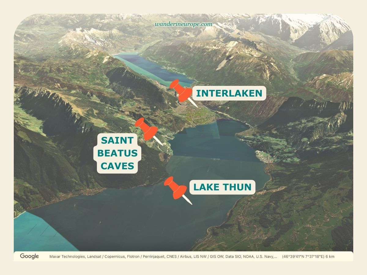 Saint Beatus Caves location and Lake Thun, Switzerland
