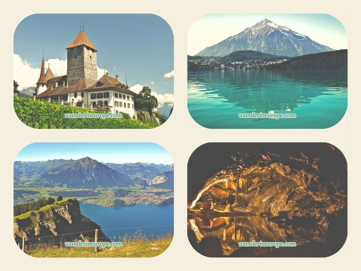 Spiez Castle, Mount Niesen, Niederhorn, and Saint Beatus Caves located around Lake Thun, Switzerland