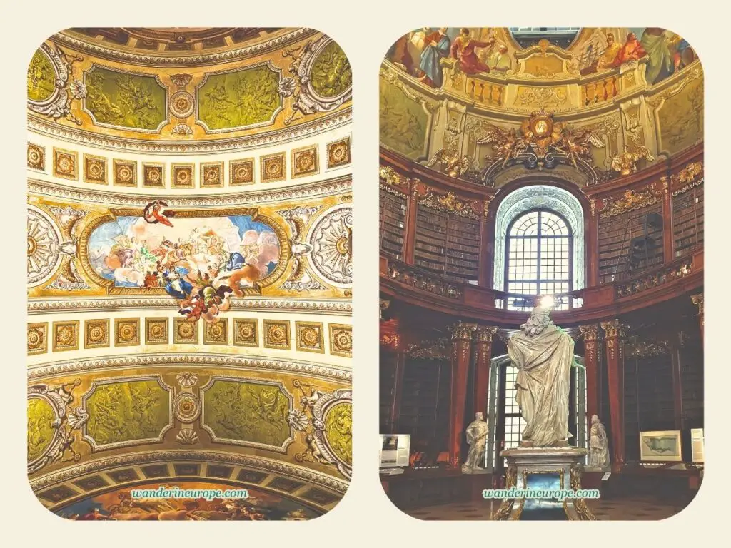 Statues and frescoes inside the Austrian National Library, Hofburg, Vienna, Austria
