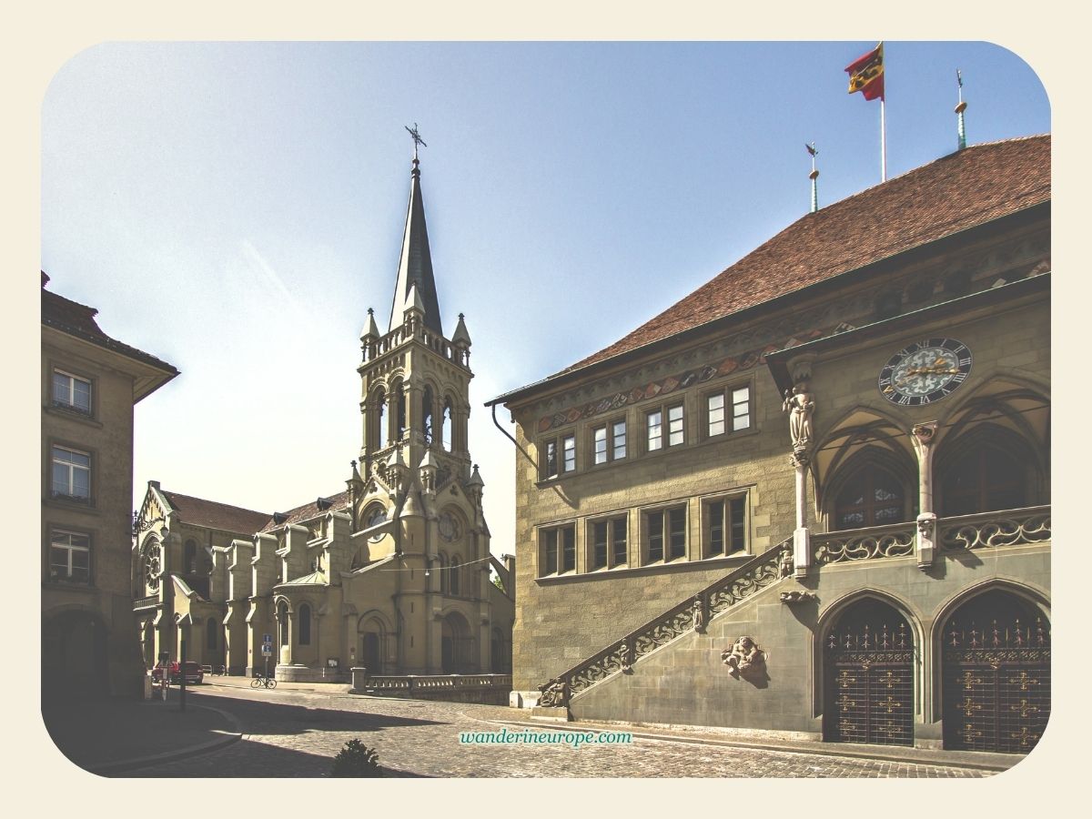 The Church of Saint Peter and Saint Paul seen from Rathausplatz in Bern, Switzerland