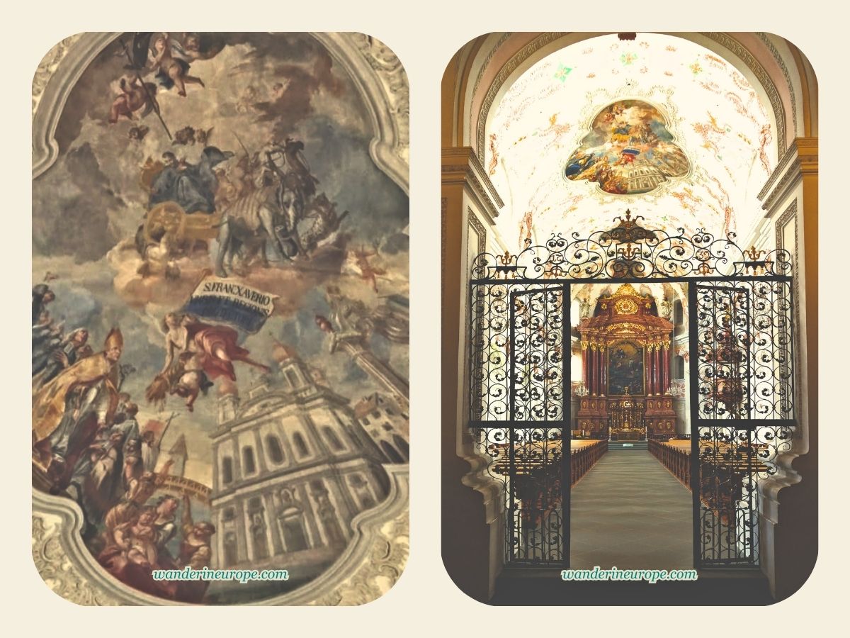 The beautiful fresco and intricate iron gates inside the Jesuit Church in Lucerne, Switzerland