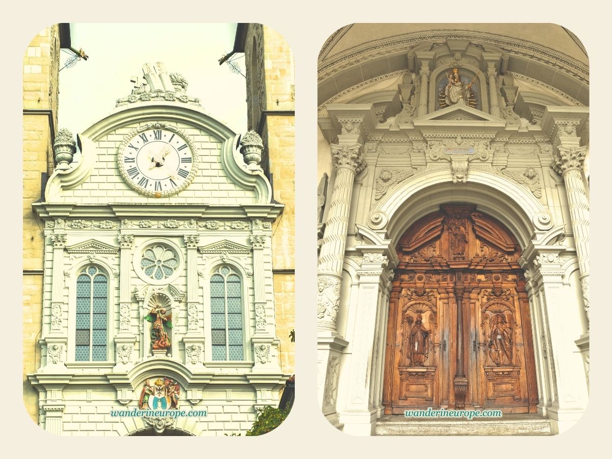 The facade (close up) and main portal of Hofkirche in Lucerne, Switzerland
