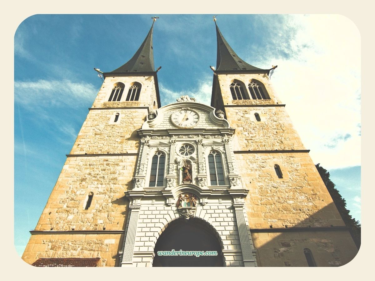 The facade of Church of St. Leodegar in Lucerne, Switzerland