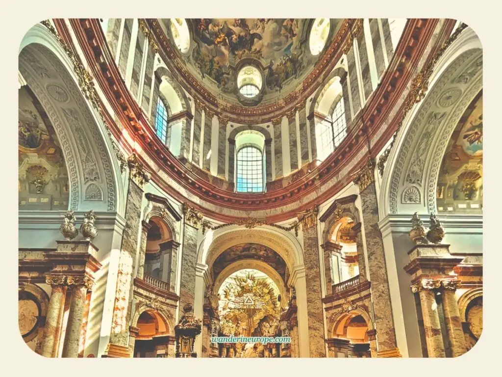 The heavenly appearance of Karlskirche's interiors from the dome to the high altar, Vienna, Austria