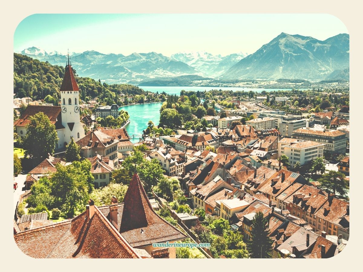 The iconic view of the Thun Central Church from Thun Castle in Thun, Switzerland